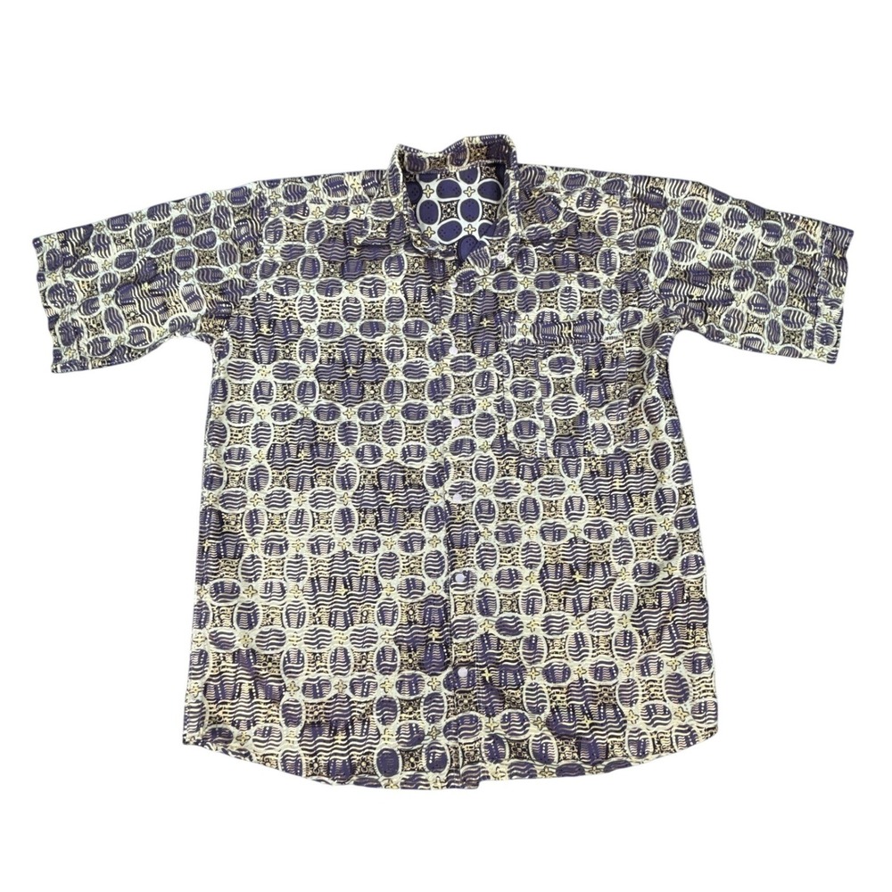 Homemade Batik Style Geometric Short Sleeve Snap Front Shirt Mens Purple Gold XL